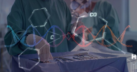 Image of dna strand and scientific data processing over diverse surgeons in hospital
