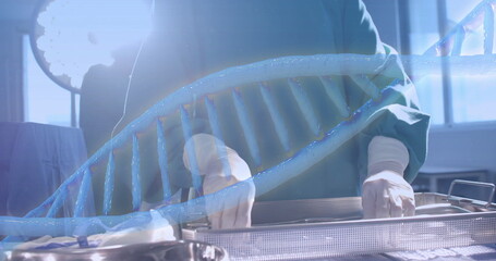 Image of dna strand over diverse surgeons in hospital