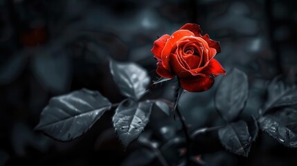 A black and white garden scene with a single rose in full color, emphasizing its beauty and isolation amidst the monochrome