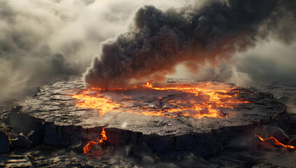 A breathtaking view of an active volcanic crater with glowing lava and thick smoke billowing into the sky, showcasing nature's raw power.