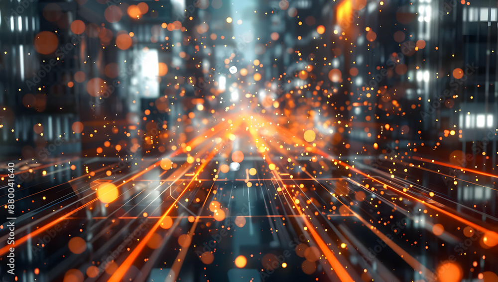Poster abstract technology background with dynamic light trails and glowing particles, representing speed a