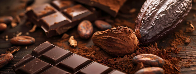 Artisanal chocolate bars and cocoa beans on a rustic wooden table, showcasing the rich textures and indulgent qualities of fine chocolate.