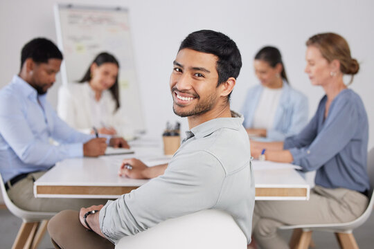 Portrait, business people or happy man in meeting for planning, teamwork or collaboration for project. Shareholders, investor or program coordinator in discussion for feedback, review or about us