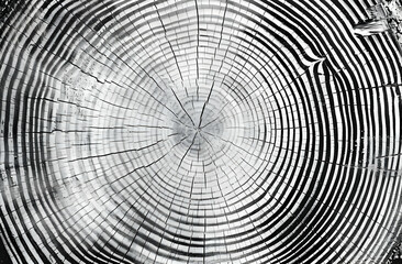 Obraz premium Close-up black and white photo of tree rings showcasing the natural texture and intricate patterns found in the wood grain.