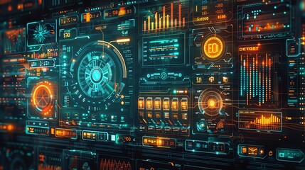 Fototapeta premium Futuristic Digital Interface with Glowing Blue and Orange Lights.