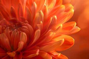 Close-up of a vibrant orange chrysanthemum flower in full bloom, showcasing delicate petals and soft, warm lighting effects.