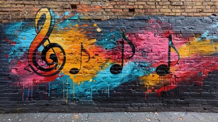 Fototapeta premium Colorful Music Notes Graffiti on Brick Wall
