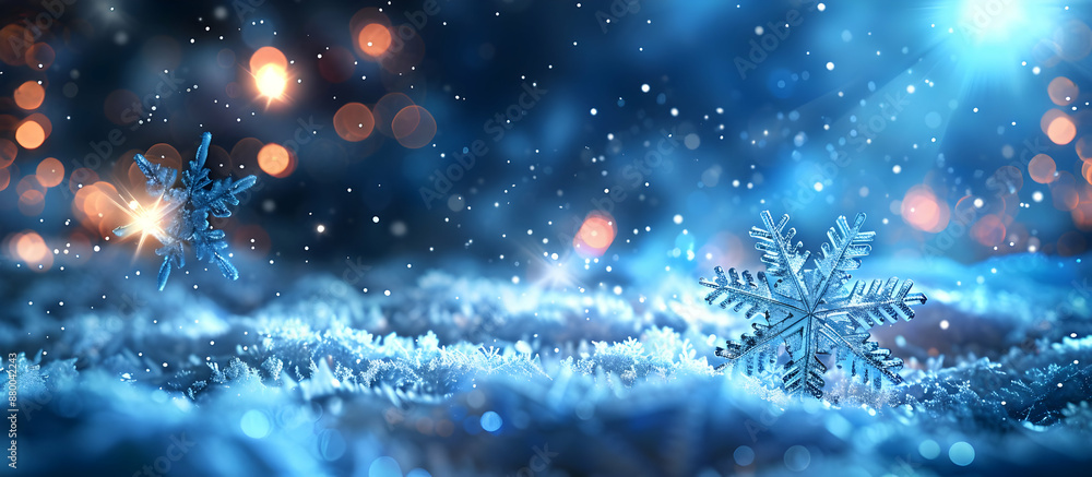 Poster close-up of glowing snowflakes nestled in soft snow, illuminated by serene bokeh lights, capturing t