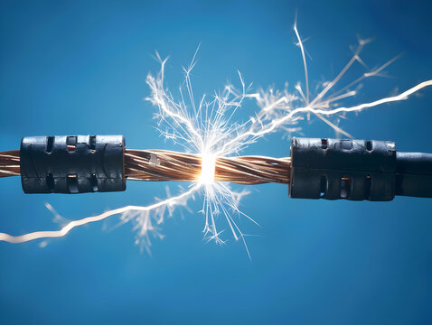 Closeup of electrical wires sparking with blue background, showcasing energy and electricity concepts in a vivid visual.