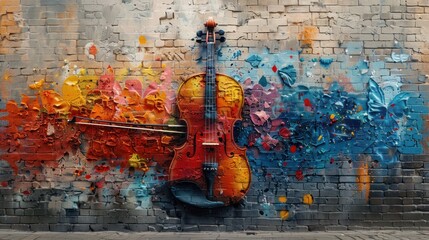 Colorful Violin Graffiti on a Brick Wall