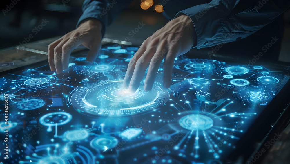 Poster hands interacting with futuristic touchscreen interface, showcasing advanced technology and innovati