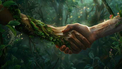 Human hand shaking with a nature-covered hand in a lush forest, symbolizing harmony and connection between humanity and nature.