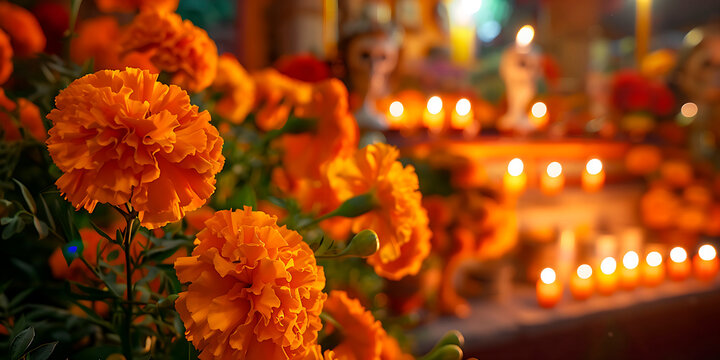 Acercamiento a flores de cempas&uacute;chil, de fondo alatar de d&iacute;a de muertos con veladoras, calaveras y retratos de familiares