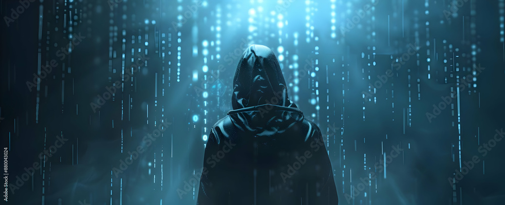 Poster mysterious hooded figure in a dark environment, illuminated by blue digital rain code, representing 
