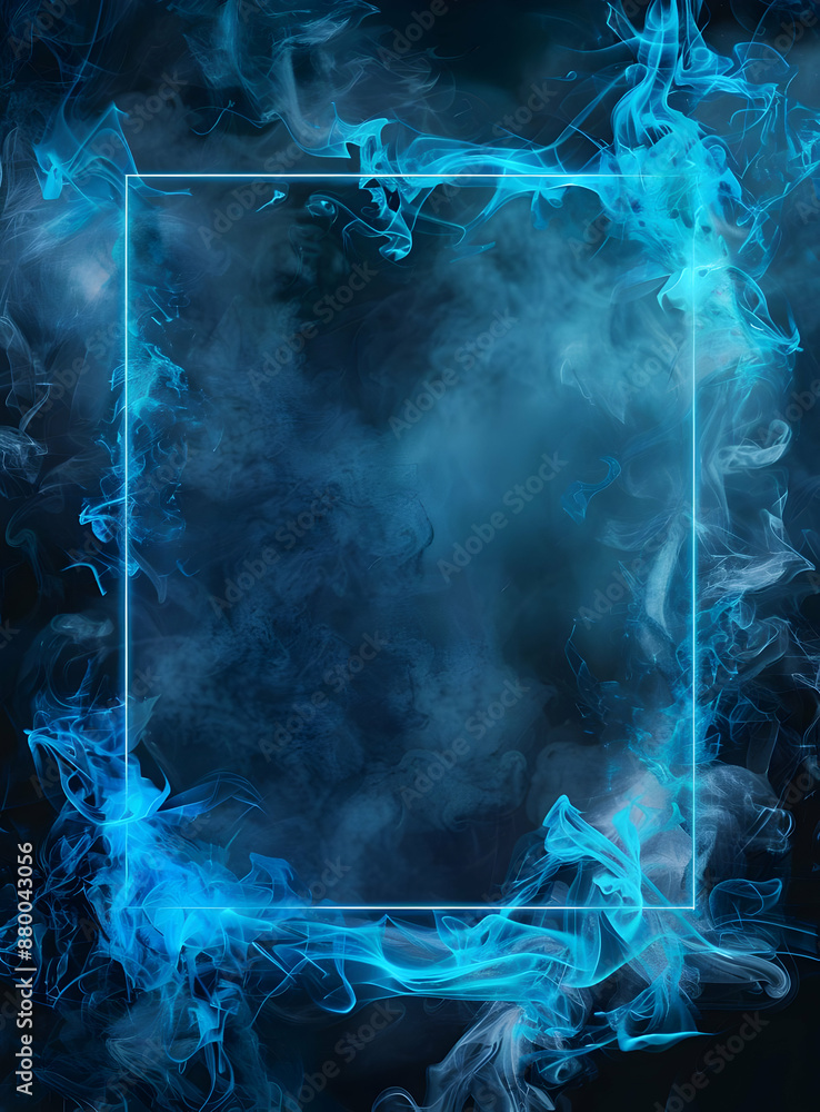 Poster mystical blue smoke border design on a dark background, creating an ethereal and atmospheric effect,
