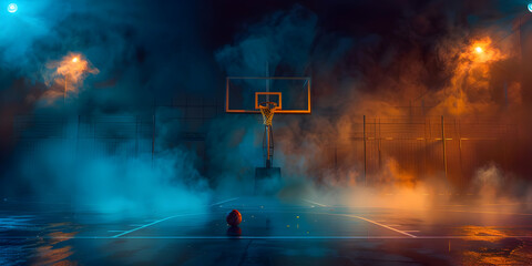 Moody basketball court with dramatic lighting and fog, highlighting a basketball hoop and ball in the center of the court, defining the scene.