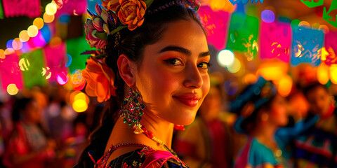 Retrato de joven que mira a la camara, vestida para festejos patrioticos mexicanos, día de la independencia o 5 de Mayo