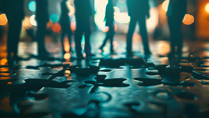 Silhouettes of people standing on a puzzle piece surface with colorful bokeh lights in the background, creating a mysterious atmosphere.