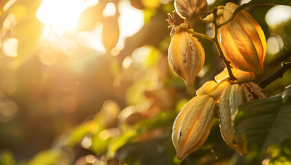 Sunlit cacao pods growing on a lush tree branch in a tropical plantation, symbolizing the raw beauty of nature and agricultural bounty.