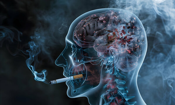 X-ray image of a human head smoking a cigarette, highlighting the harmful effects of smoking on the brain and health in a dramatic depiction.