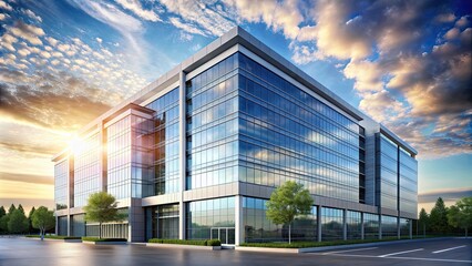 Fototapeta premium Modern high-rise commercial building with wide-open sky view, skyscraper, high-rise, modern architecture