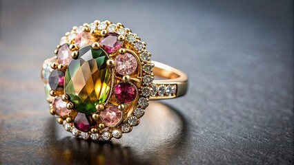 Fototapeta premium Elegant golden ring with Tourmalines and Diamonds on a grey background, luxury, jewelry, gemstones, precious, accessory
