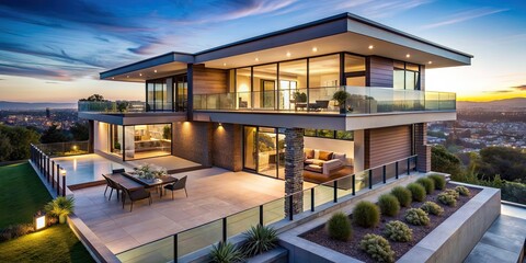 Fototapeta premium Luxurious modern home with stunning city views at twilight, luxury, modern, home, cityscape, view, twilight, urban