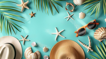 Blue background, sun hat, starfish, sun mirror, shell, palm leaf