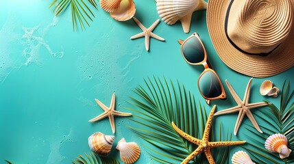 Blue background, sun hat, starfish, sun mirror, shell, palm leaf