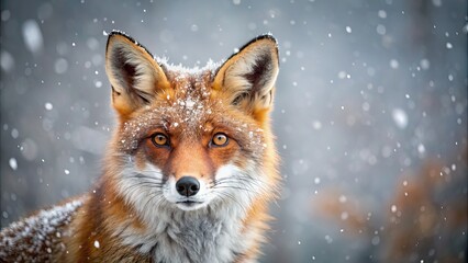 Obraz premium Majestic red fox with snowflakes in fur staring into camera, wildlife, animal, beautiful, majestic, nature, snow, winter