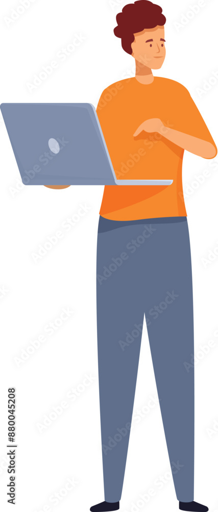 Poster young programmer is using a laptop, pointing at the screen with a smile on his face