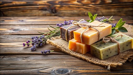 Handmade soap displayed on rustic wooden background, handmade, soap, natural, organic, bath, beauty, hygiene
