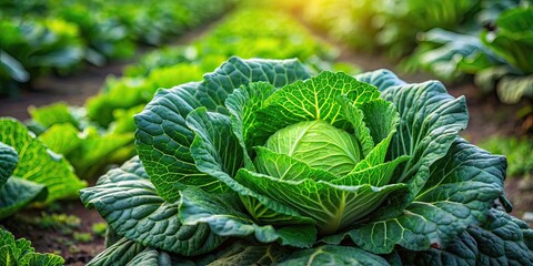 Fresh green cabbage in a lush garden , organic, fresh, healthy, vegetable, agriculture, harvest, plant, leaves
