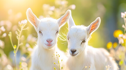 Obraz premium Two cute and playful baby goats or kids enjoying the warm summer day in a vibrant green meadow on a picturesque countryside farm The adorable young caprine animals are surrounded by lush grass