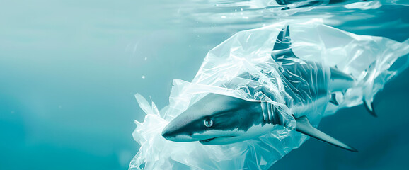 Obraz premium Shark swimming underwater with its body tangled and trapped in a plastic bag highlighting the environmental hazard and urgent need for ocean conservation and plastic pollution reduction