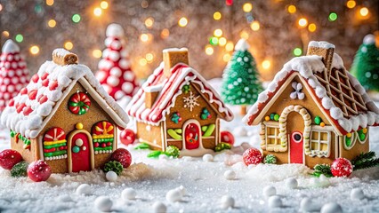 Festive Christmas candy and gingerbread cottages in artificial snow , Christmas, festive, holiday, candy