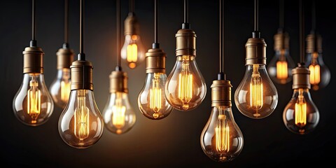 Obraz premium Hanging bulbs emit harmonious light against a dark background, Hanging, bulbs, lights, harmonious, glow