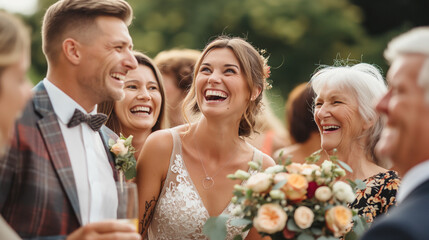 Bride and groom laughing with guests, highly professional photo picture emphasizing clear focus and detailed expressions, wedding, with copy space