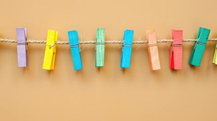 Colorful clothes pins on line with tan wall as background for copy space