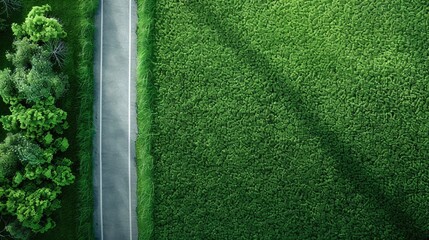 Fototapeta premium Overhead perspective of road grass verge Environmental protection hard and soft materials concept Empty area for text