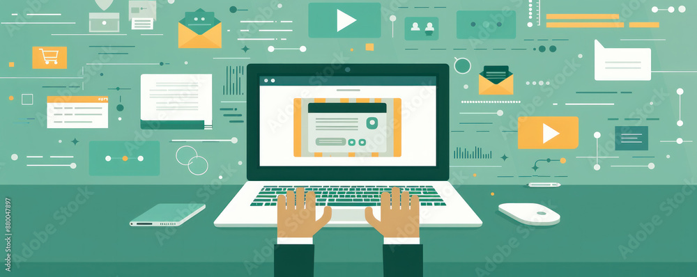 Poster a laptop screen shows a person typing on a keyboard. the laptop is open to a webpage with a lot of t