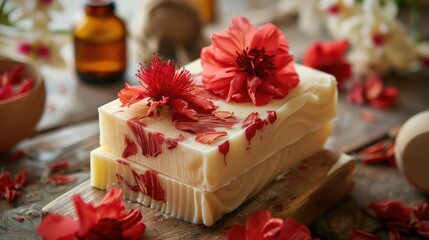 Eco friendly organic soaps with red floral design and essential oils