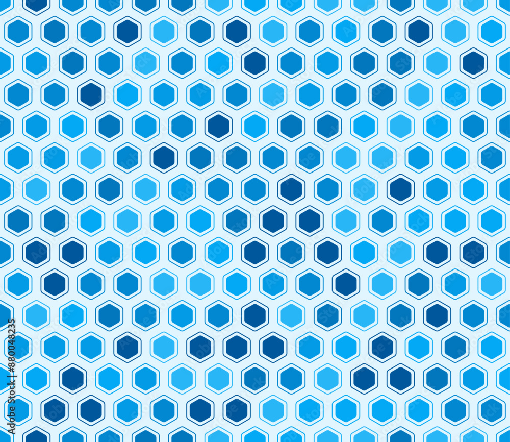 Poster minimal geometric background. rounded hexagons mosaic cells with padding and inner solid cells. blue