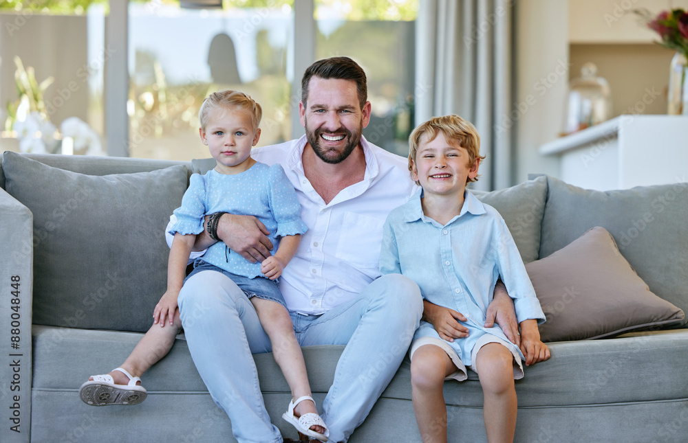 Sticker Happy, bonding and dad with children on sofa for fathers day celebration with relaxing together at home. Smile, love and portrait of man hug kids with care, comfort and pride in living room at house.