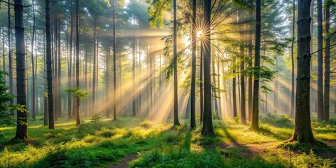 Naklejka premium Misty forest in the morning with sunlight filtering through the trees, nature, woods, fog, tranquil, peaceful, ethereal