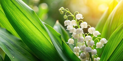Obraz premium Delicate white lily of the valley flowers with green leaves , spring, May flowers, woodland, fragrant, bell-shaped, bloom