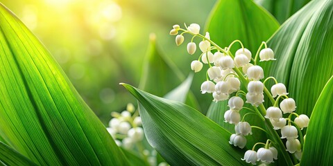 Fototapeta premium Delicate white lily of the valley blooms surrounded by lush green leaves, flowers, spring, fragrant, nature, flora, garden, bouquet