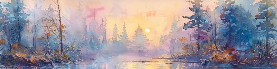 Watercolor painting of spruce forest on lake landscape. Sunrise forest illustration in green, yellow, red colors. Pine tree banner. Abstract background for poster, flyer, greeting card