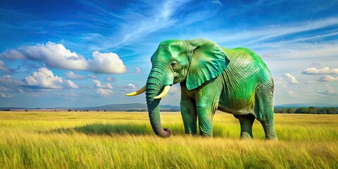 Fototapeta premium Elephant with green and blue markings in a sunny field, elephant, green, blue, markings, sunlit, grassy, field, wildlife