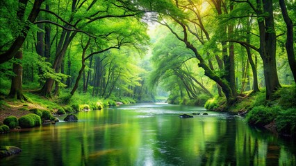 Obraz premium Lush green forest with a flowing river , nature, planet Earth, environment, trees, river, landscape